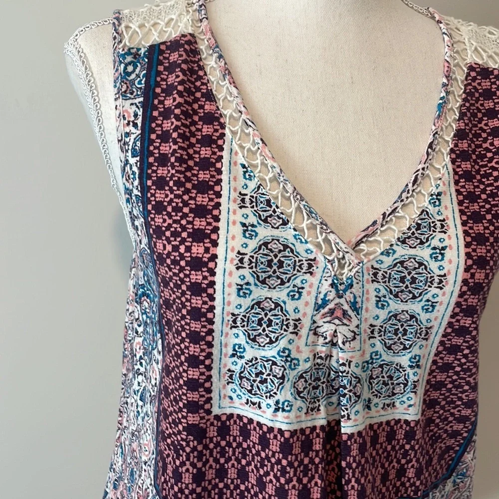 Lucky Brand Bohemian Crochet Detail Patchwork Sleeveless Top size medium